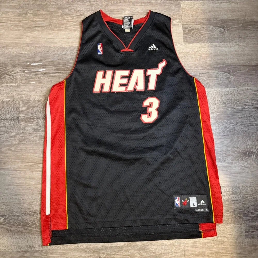 Adidas NBA Miami Heat Dwyane Wade 3 Jersey Black Swingman Mens Large Length +2